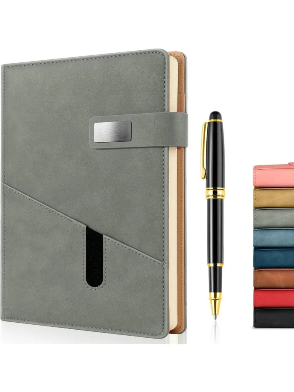 Refillable A5 Leather Journal with Pen, 240 Pages, Pocket, Magnetic Closure